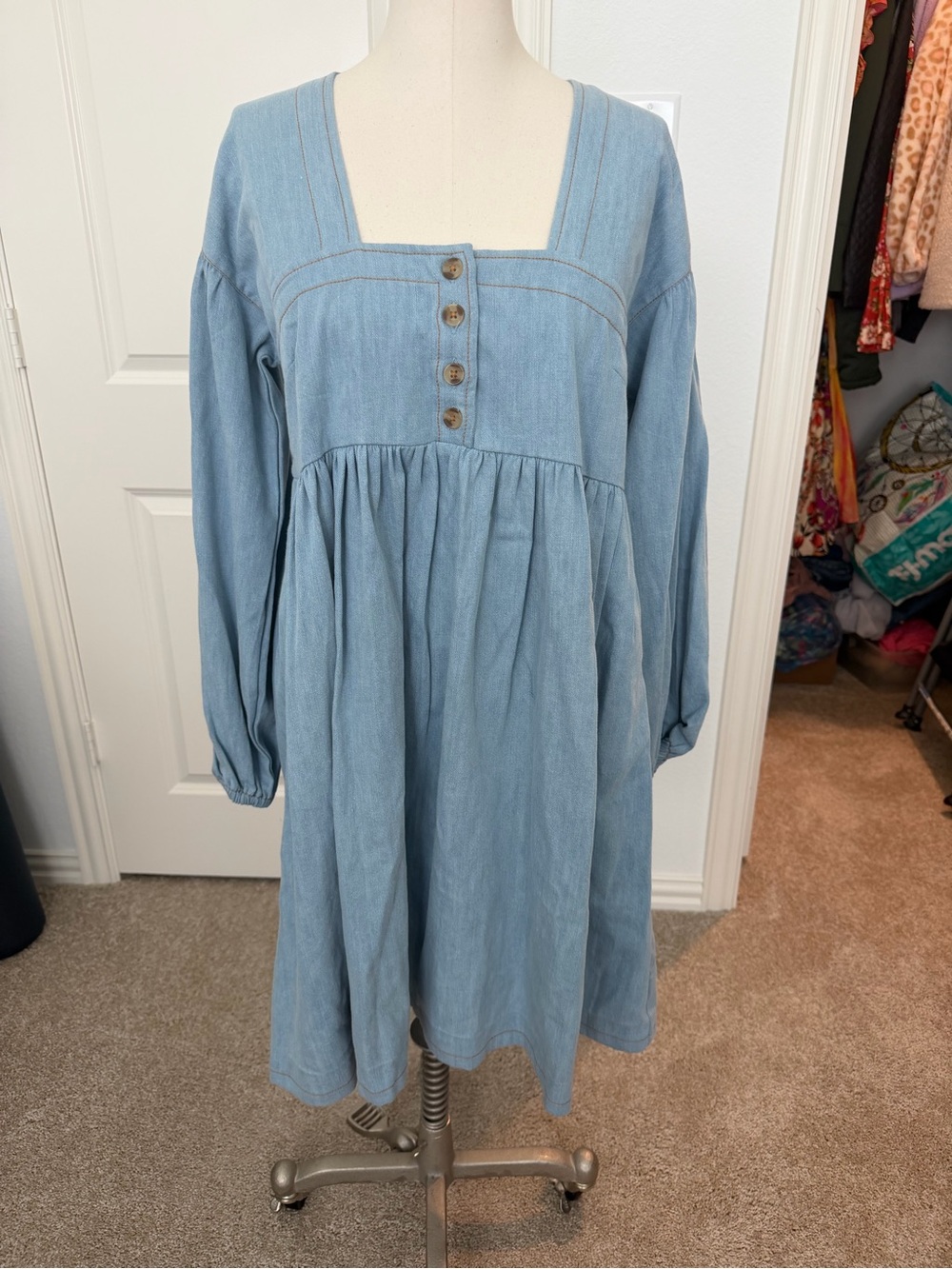 Anthropologie Light Blue Denim Square-Neck Babydoll Dress